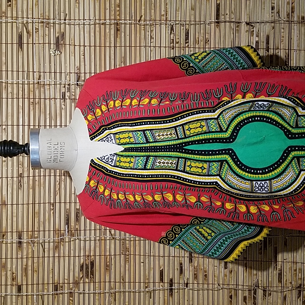 Amazing Red and Green Tribal Print Notch Neck Mid Sleeve Dress